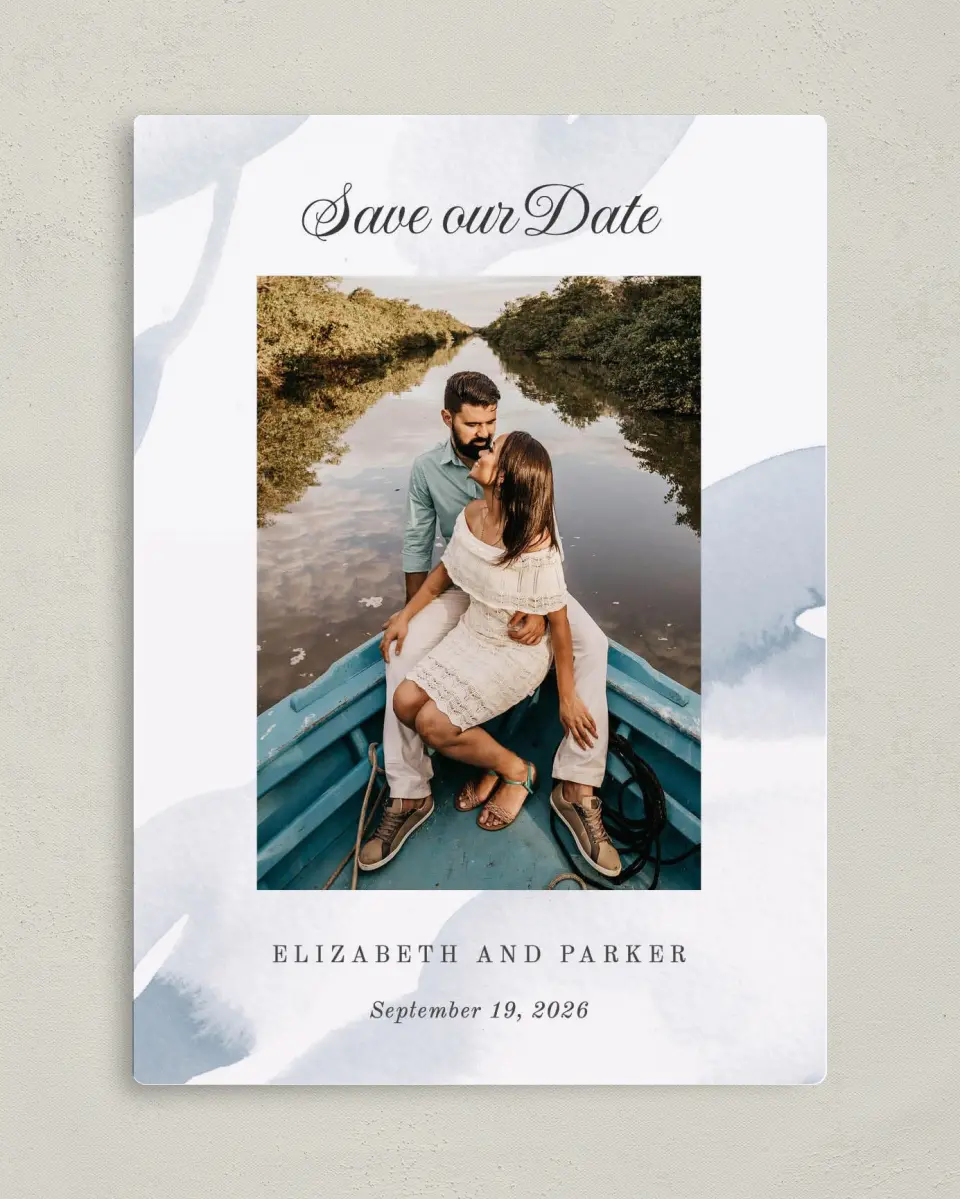 This is a 5" x 7" Save the Date Magnet called Painted Majesty printed in full color with a Luxe Satin finish