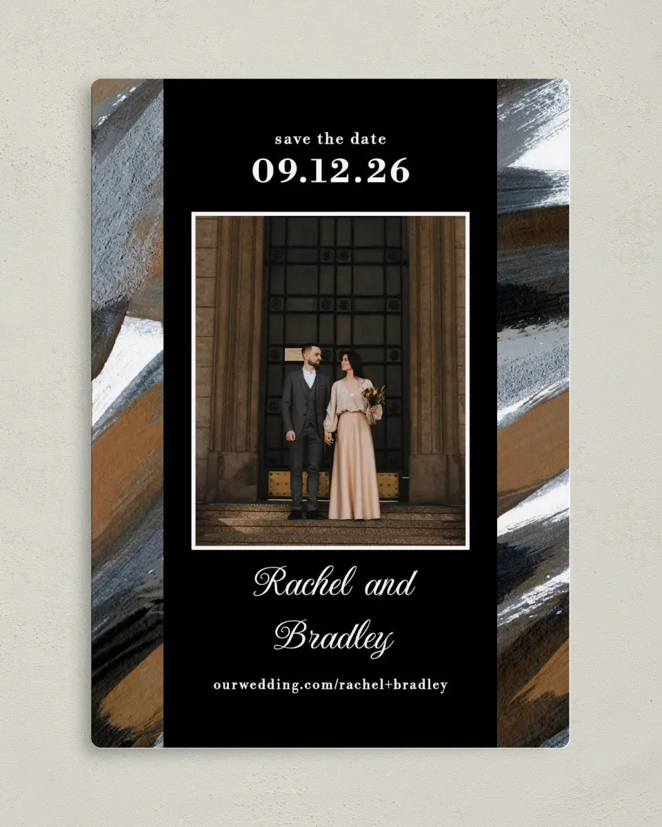 This is a 5" x 7" Save the Date Magnet called Moody Swashes printed in full color with a Luxe Satin finish