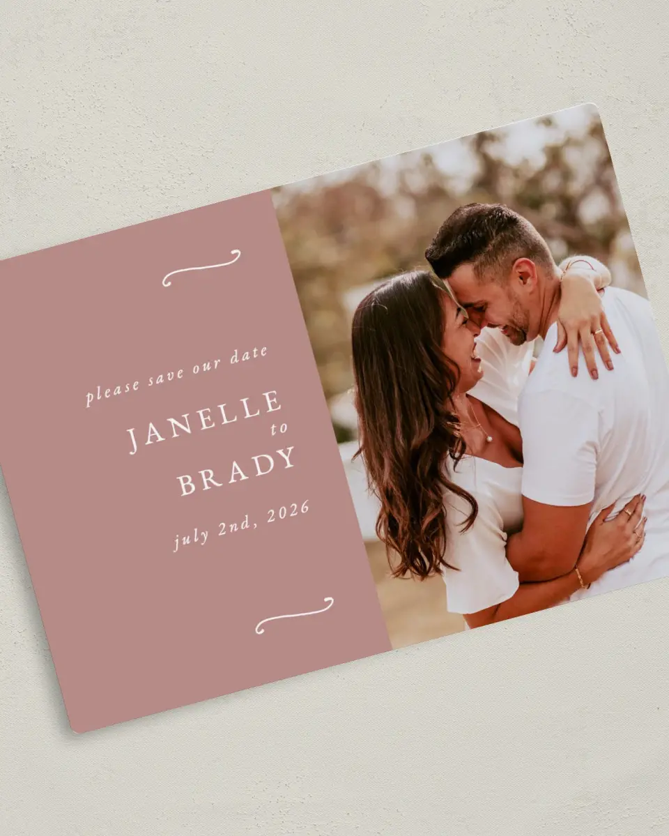 This is a 5" x 7" Save the Date Magnet called Modern Whisper printed in full color with a Luxe Satin finish