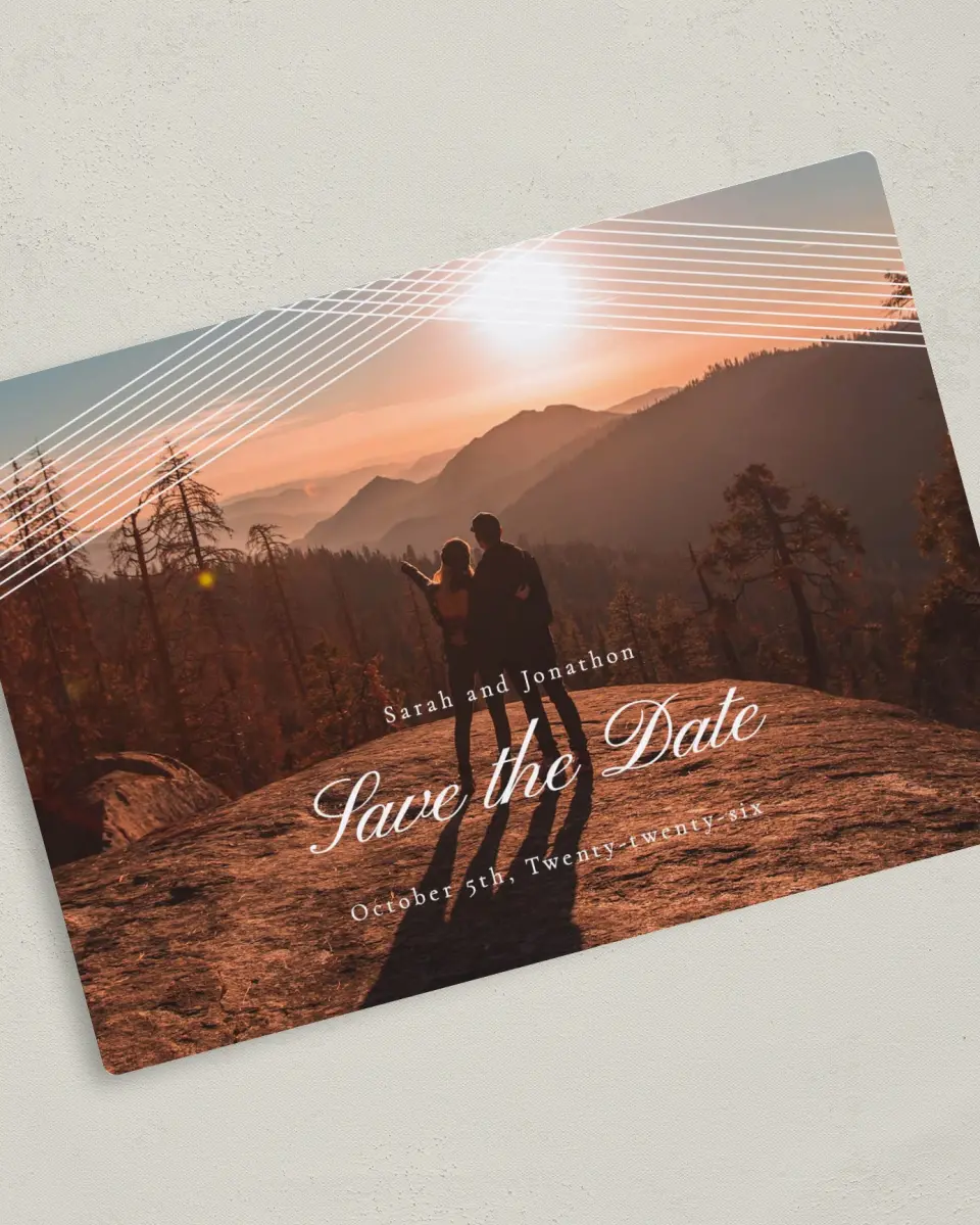 This is a 5" x 7" Save the Date Magnet called Dearest Lines printed in full color with a Luxe Satin finish
