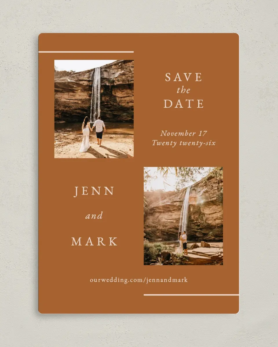 This is a 5" x 7" Save the Date Magnet called Adorable Duo printed in full color with a Luxe Satin finish