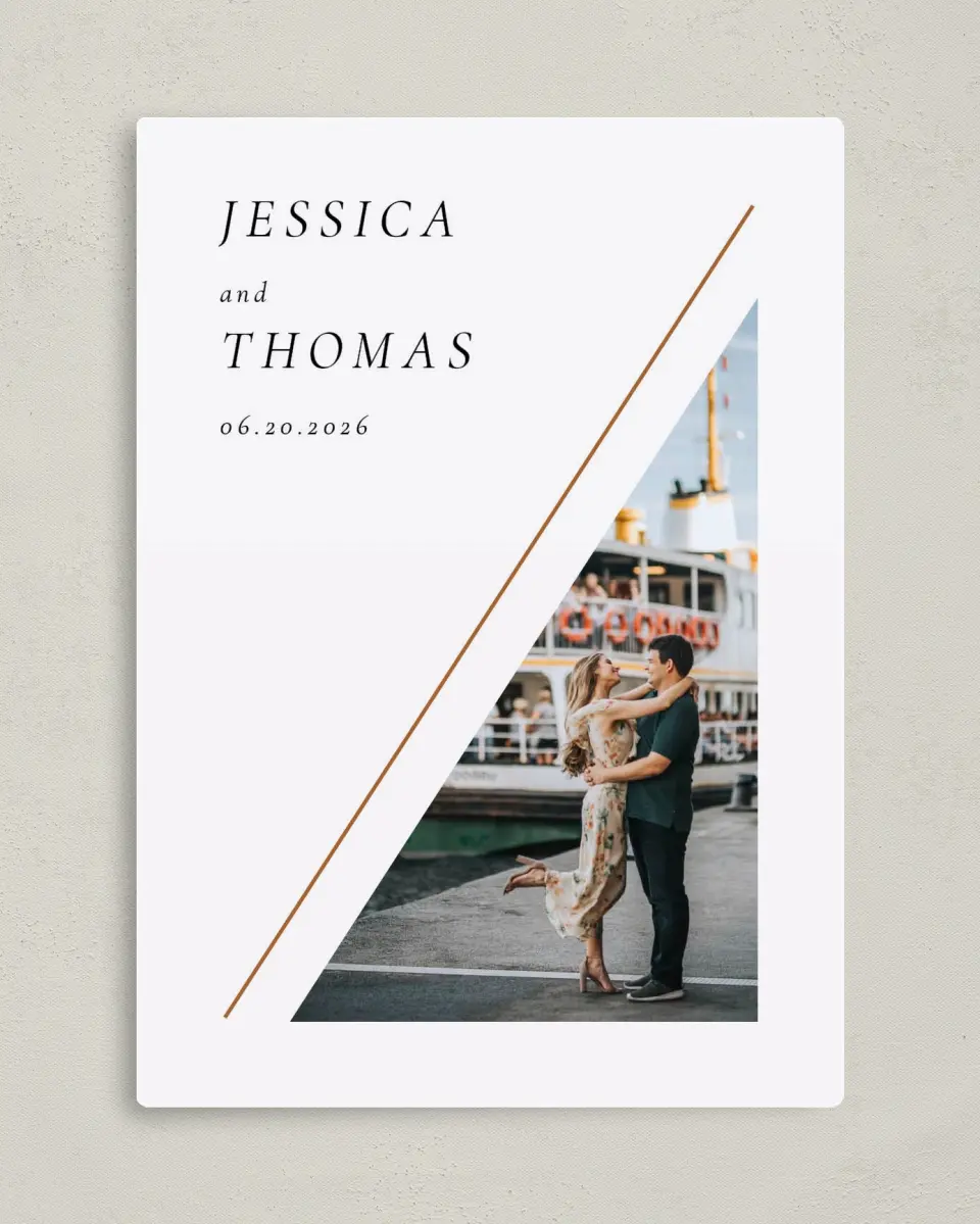 This is a 5" x 7" Save the Date Magnet called Sneak Peek printed in full color with a Luxe Satin finish