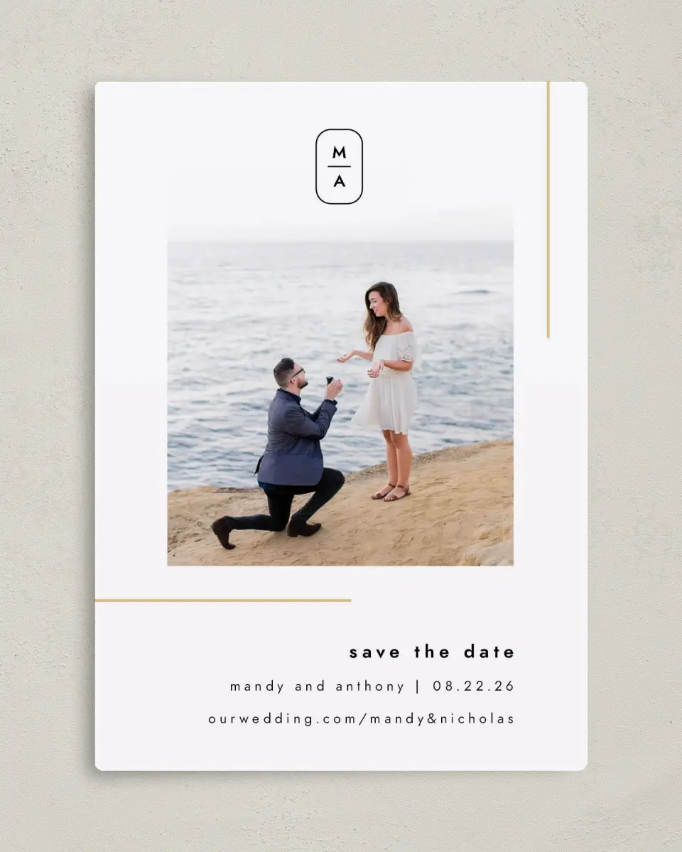 This is a 5" x 7" Save the Date Magnet called The Proposal printed in full color with a Luxe Satin finish