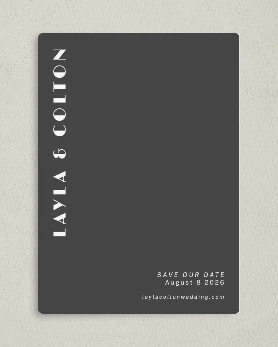 This is a 5" x 7" Save the Date Magnet called Boldly Forward printed in full color with a Luxe Satin finish