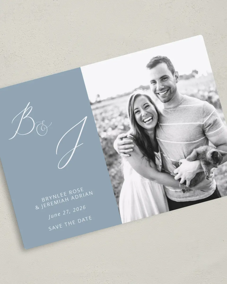 This is a 5" x 7" Save the Date Magnet called Simple Embrace printed in full color with a Luxe Satin finish