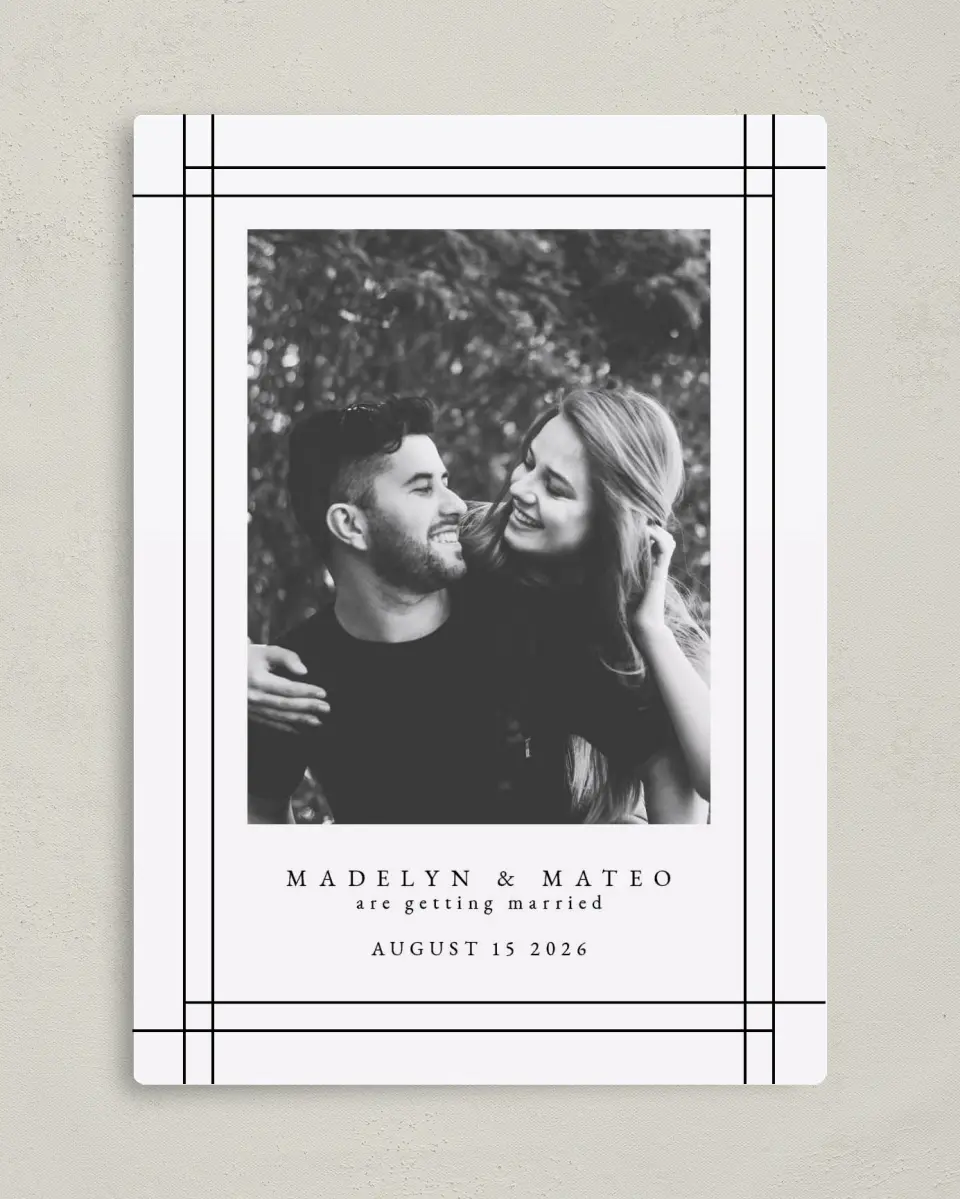 This is a 5" x 7" Save the Date Magnet called Mod Frame printed in full color with a Luxe Satin finish