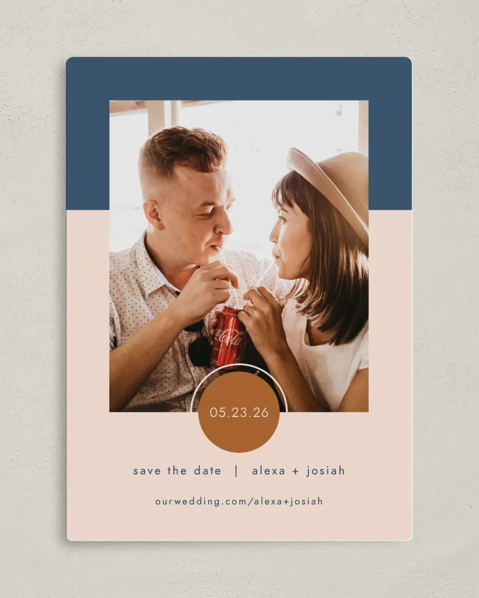 This is a 5" x 7" Save the Date Magnet called Our Beginning printed in full color with a Luxe Satin finish
