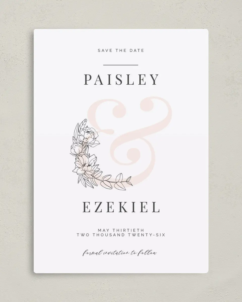 This is a 5" x 7" Save the Date Magnet called Floral Outline printed in full color with a Luxe Satin finish