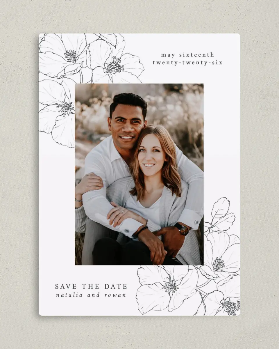 This is a 5" x 7" Save the Date Magnet called Hibiscus Hideaway printed in full color with a Luxe Satin finish