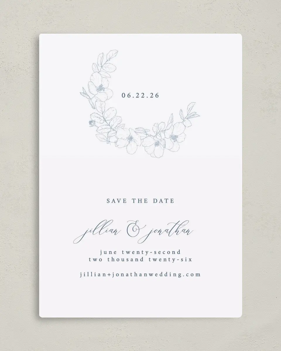 This is a 5" x 7" Save the Date Magnet called Floral Sketch printed in full color with a Luxe Satin finish