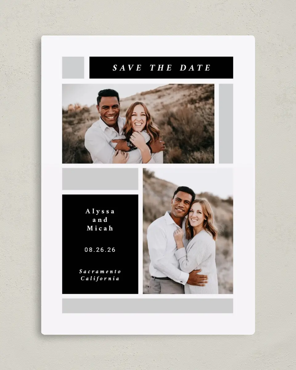 This is a 5" x 7" Save the Date Magnet called Framed Boxes printed in full color with a Luxe Satin finish