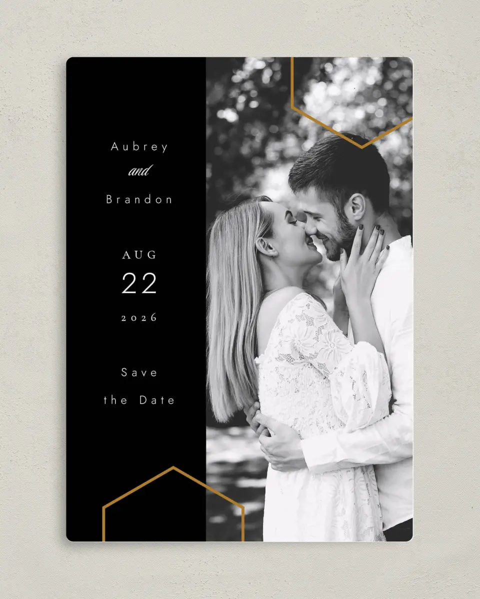 This is a 5" x 7" Save the Date Magnet called Love's Ribbon printed in full color with a Luxe Satin finish