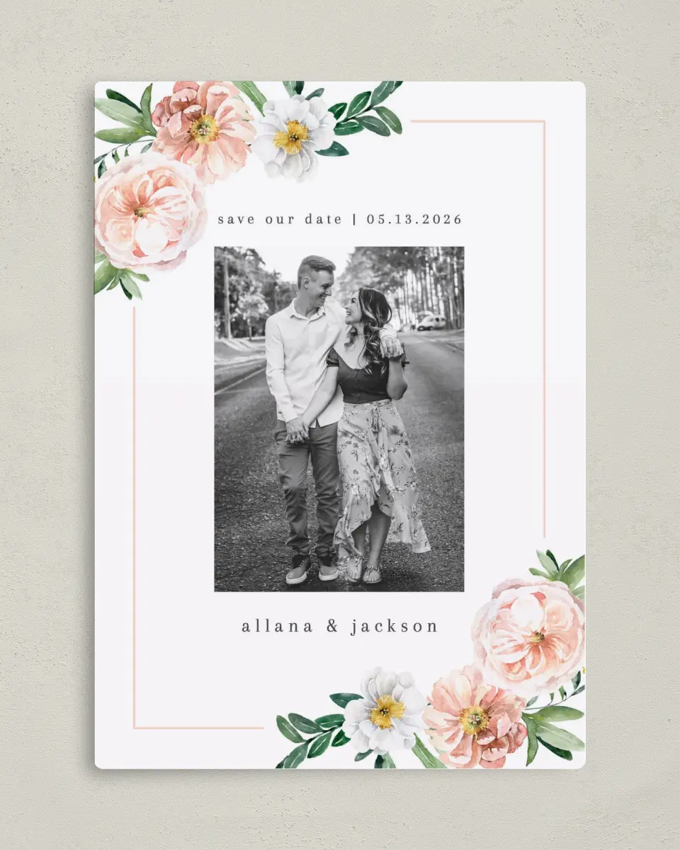 This is a 5" x 7" Save the Date Magnet called Delicate Florals printed in full color with a Luxe Satin finish