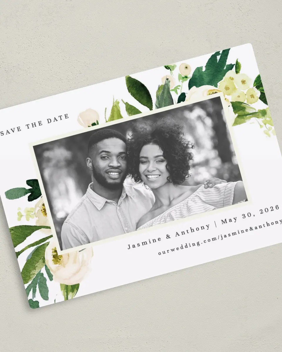 This is a 5" x 7" Save the Date Magnet called Wedding Florals printed in full color with a Luxe Satin finish