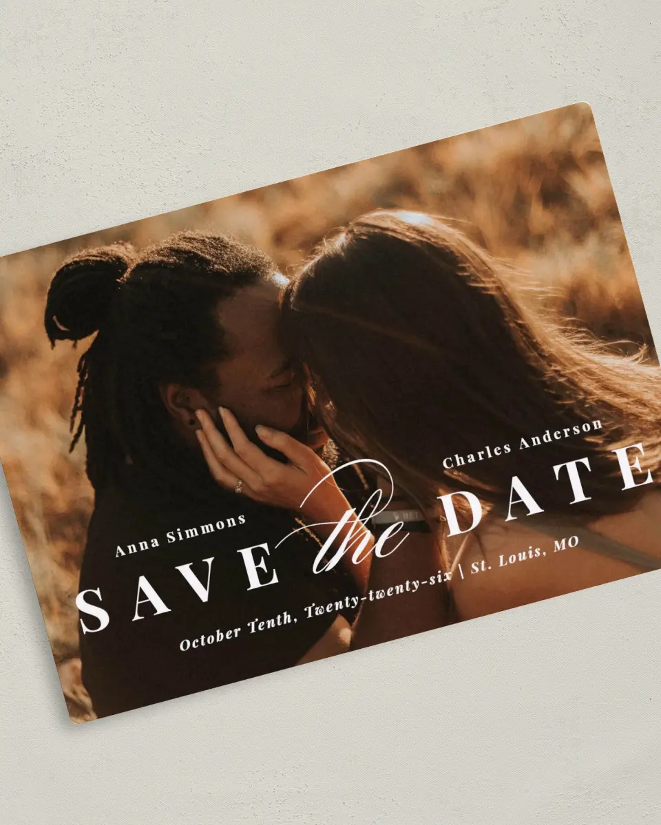 This is a 5" x 7" Save the Date Magnet called Heavenly Bliss printed in full color with a Luxe Satin finish
