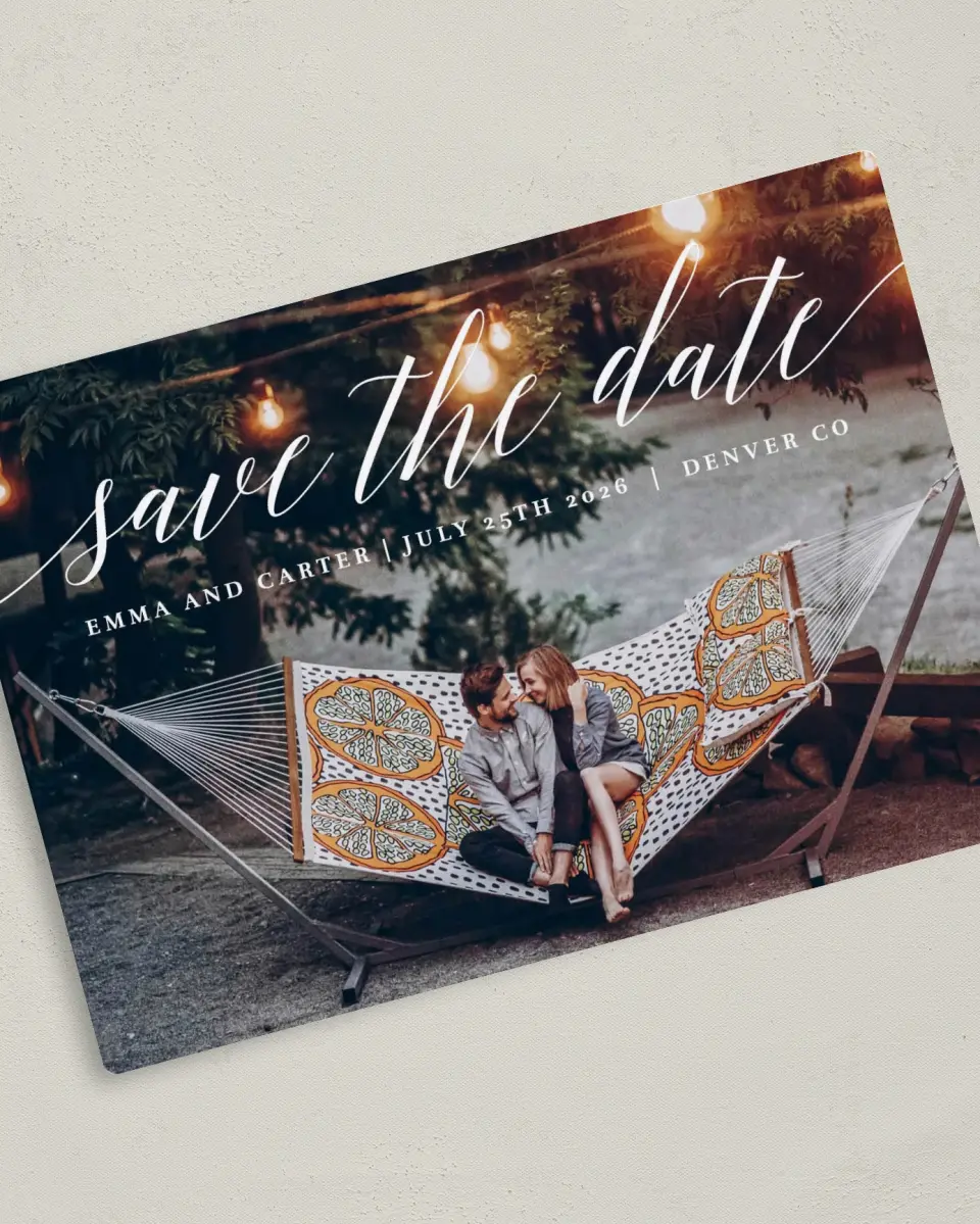 This is a 5" x 7" Save the Date Magnet called Twinkling Lights printed in full color with Silver foil and a Luxe Satin finish