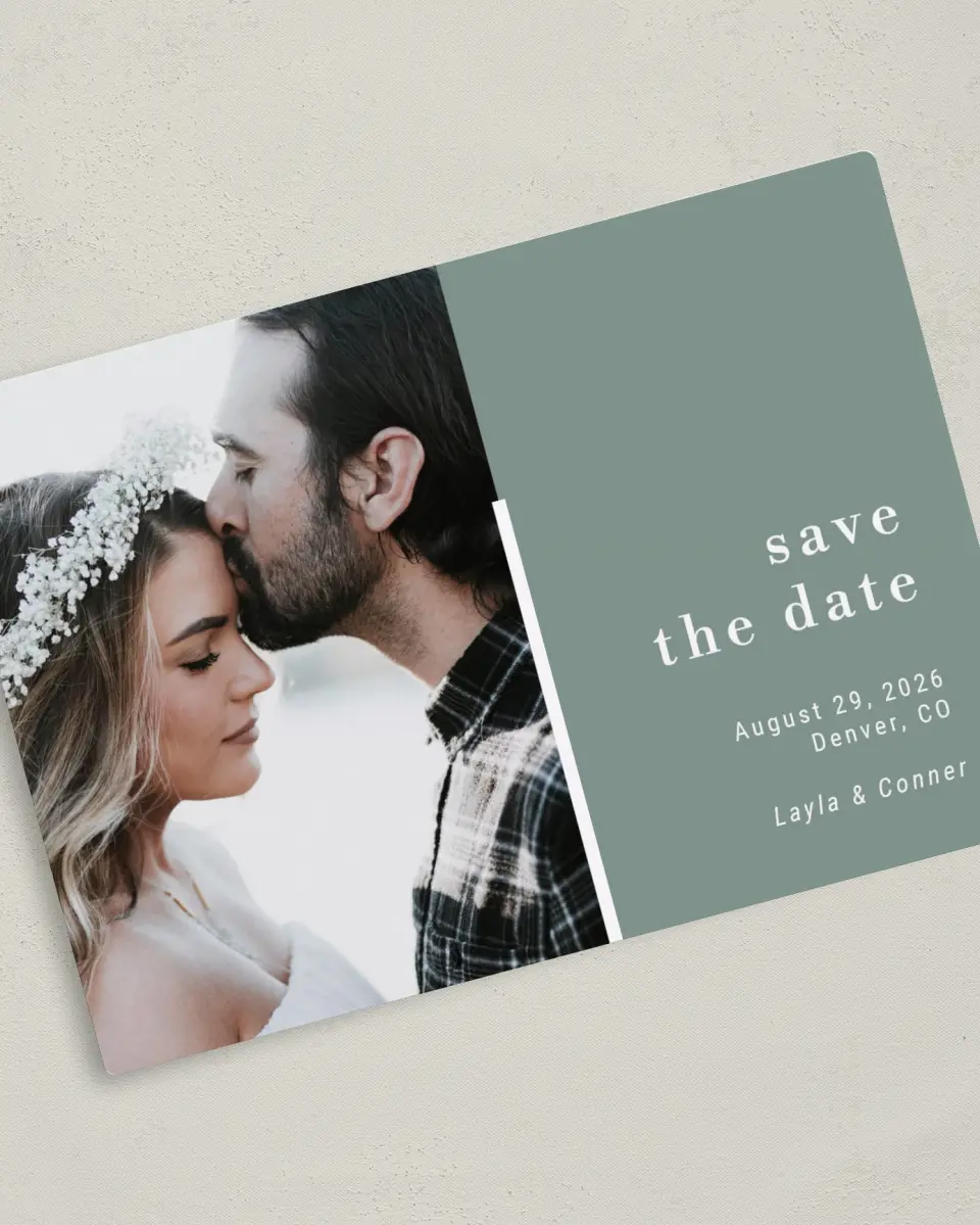 This is a 5" x 7" Save the Date Magnet called Breathless printed in full color with a Luxe Satin finish