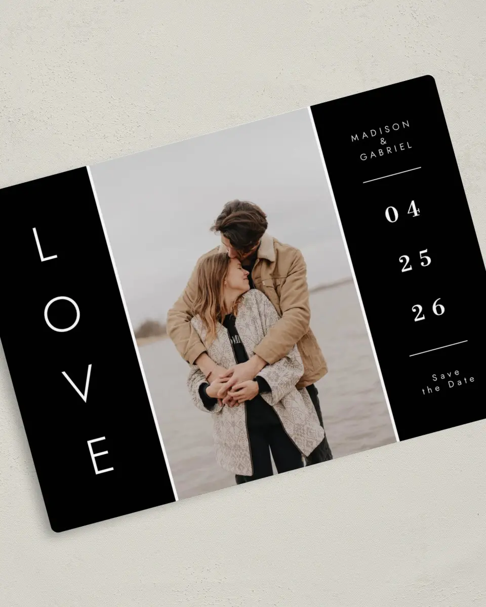 This is a 5" x 7" Save the Date Magnet called Cozy Love printed in full color with a Luxe Satin finish