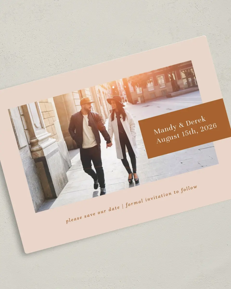 This is a 5" x 7" Save the Date Magnet called Morning Sun printed in full color with a Luxe Satin finish