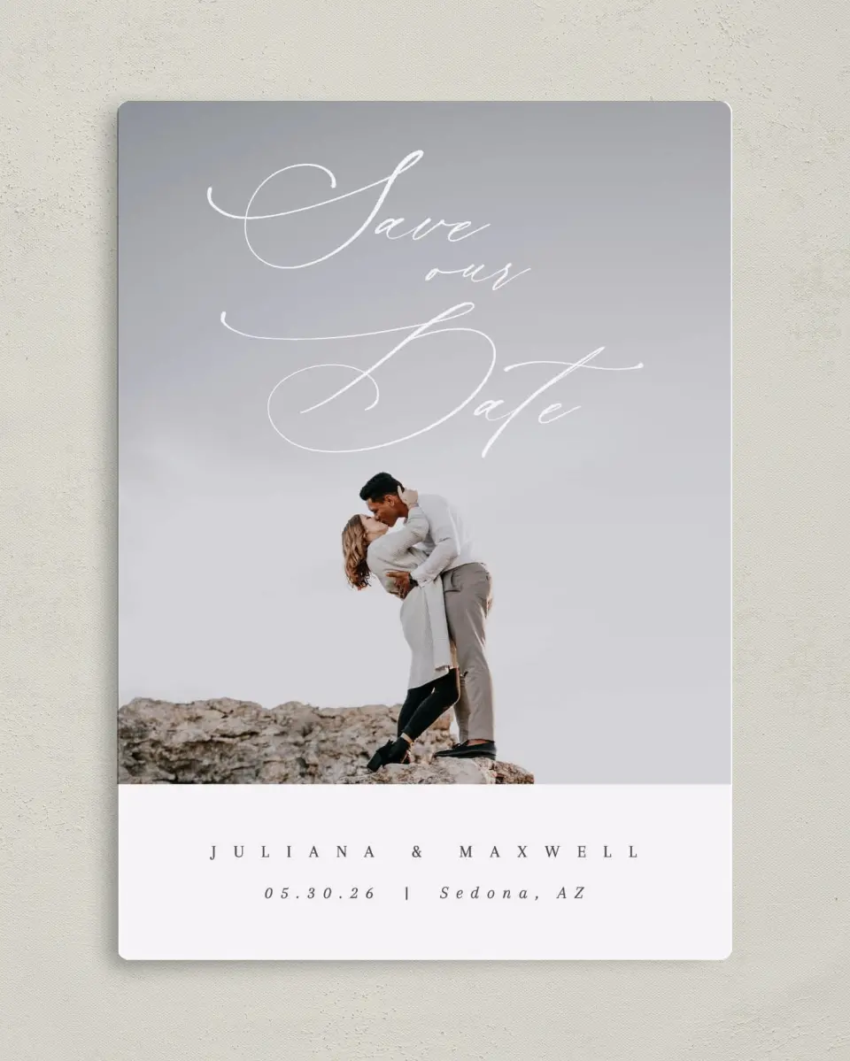 This is a 5" x 7" Save the Date Magnet called Loveswept printed in full color with a Luxe Satin finish