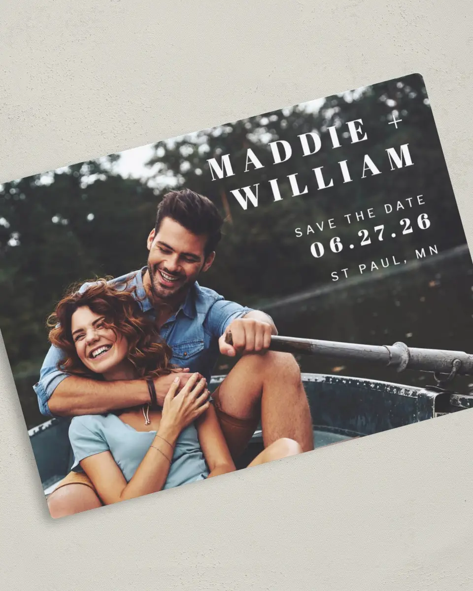 This is a 5" x 7" Save the Date Magnet called Perfect Pair printed in full color with a Luxe Satin finish