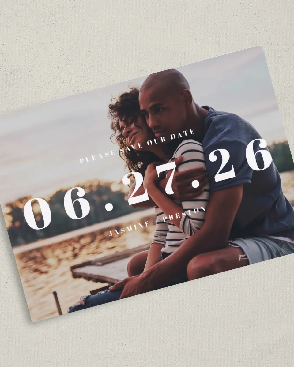 This is a 5" x 7" Save the Date Magnet called Bold Date printed in full color with a Luxe Satin finish