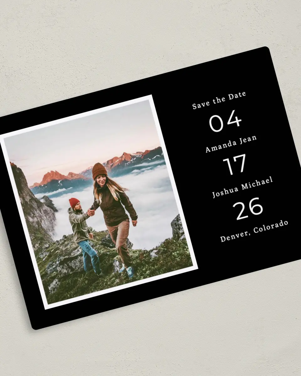This is a 5" x 7" Save the Date Magnet called Framed Vista printed in full color with a Luxe Satin finish