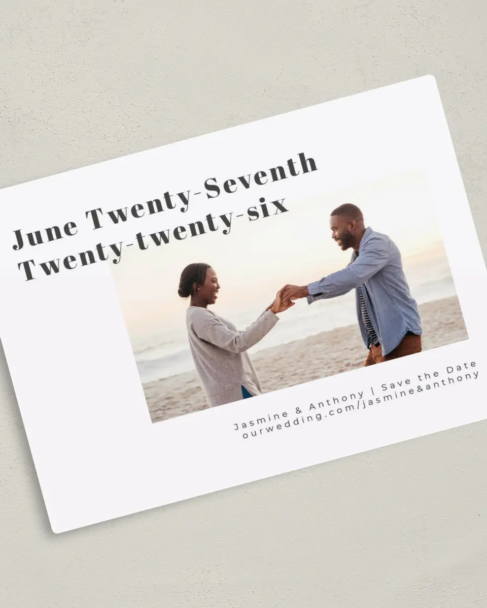 This is a 5" x 7" Save the Date Magnet called Forever Love printed in full color with a Luxe Satin finish