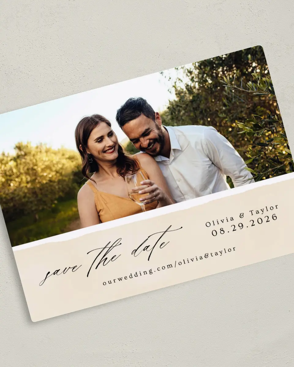 This is a 5" x 7" Save the Date Magnet called Sweeping Romance printed in full color with a Luxe Satin finish