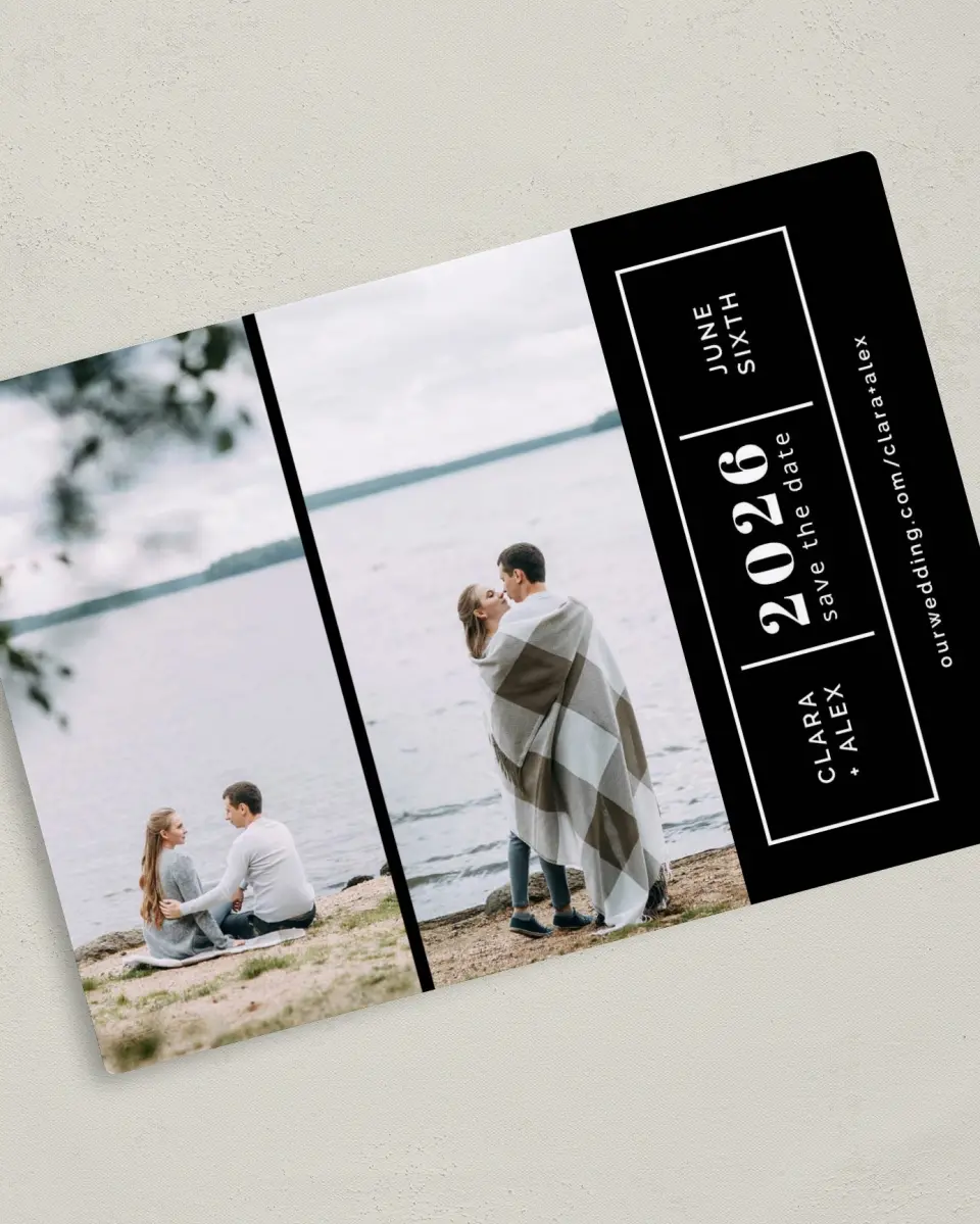 This is a 5" x 7" Save the Date Magnet called Sweet Glimpse printed in full color with a Luxe Satin finish