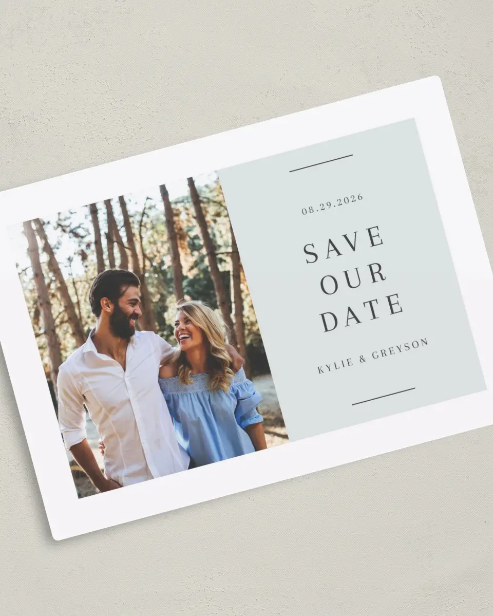 This is a 5" x 7" Save the Date Magnet called Sweet Request printed in full color with a Luxe Satin finish
