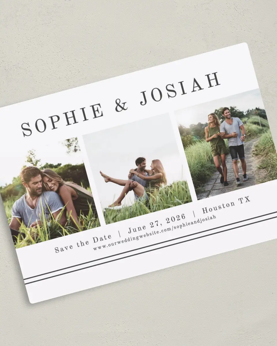This is a 5" x 7" Save the Date Magnet called Fun Photostrip printed in full color with a Luxe Satin finish