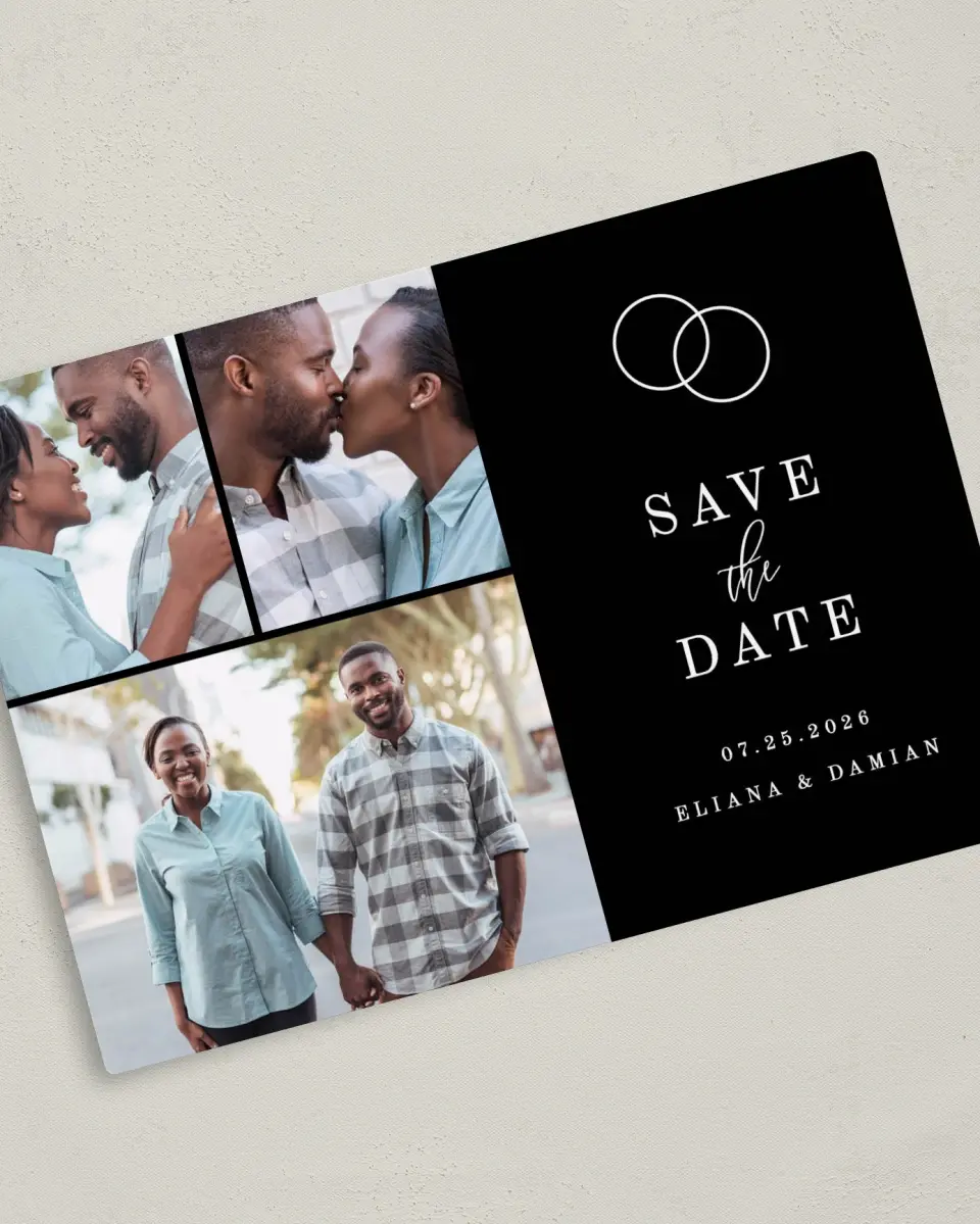 This is a 5" x 7" Save the Date Magnet called Intertwined printed in full color with a Luxe Satin finish