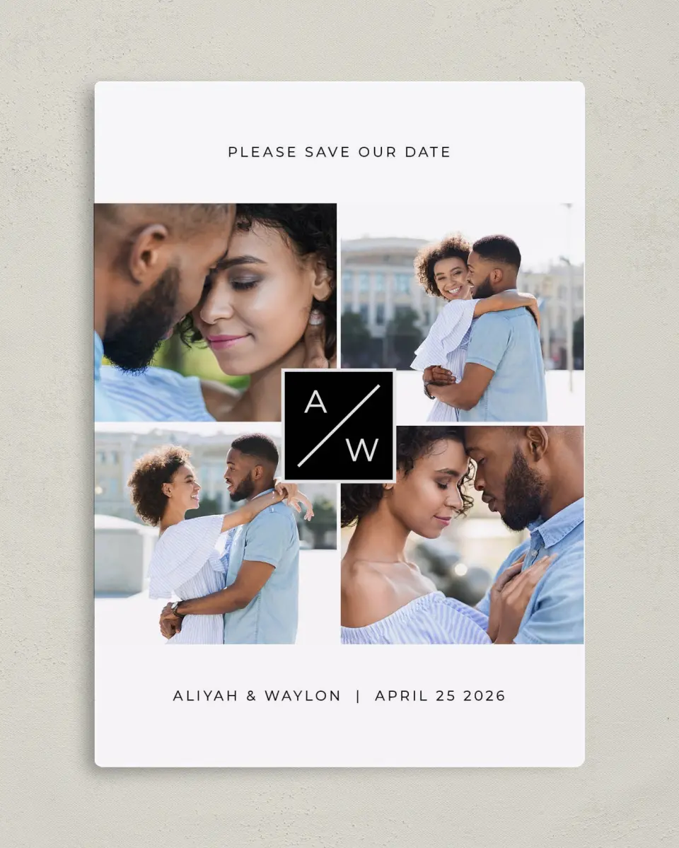 This is a 5" x 7" Save the Date Magnet called Monogram Cornerstone printed in full color with a Luxe Satin finish