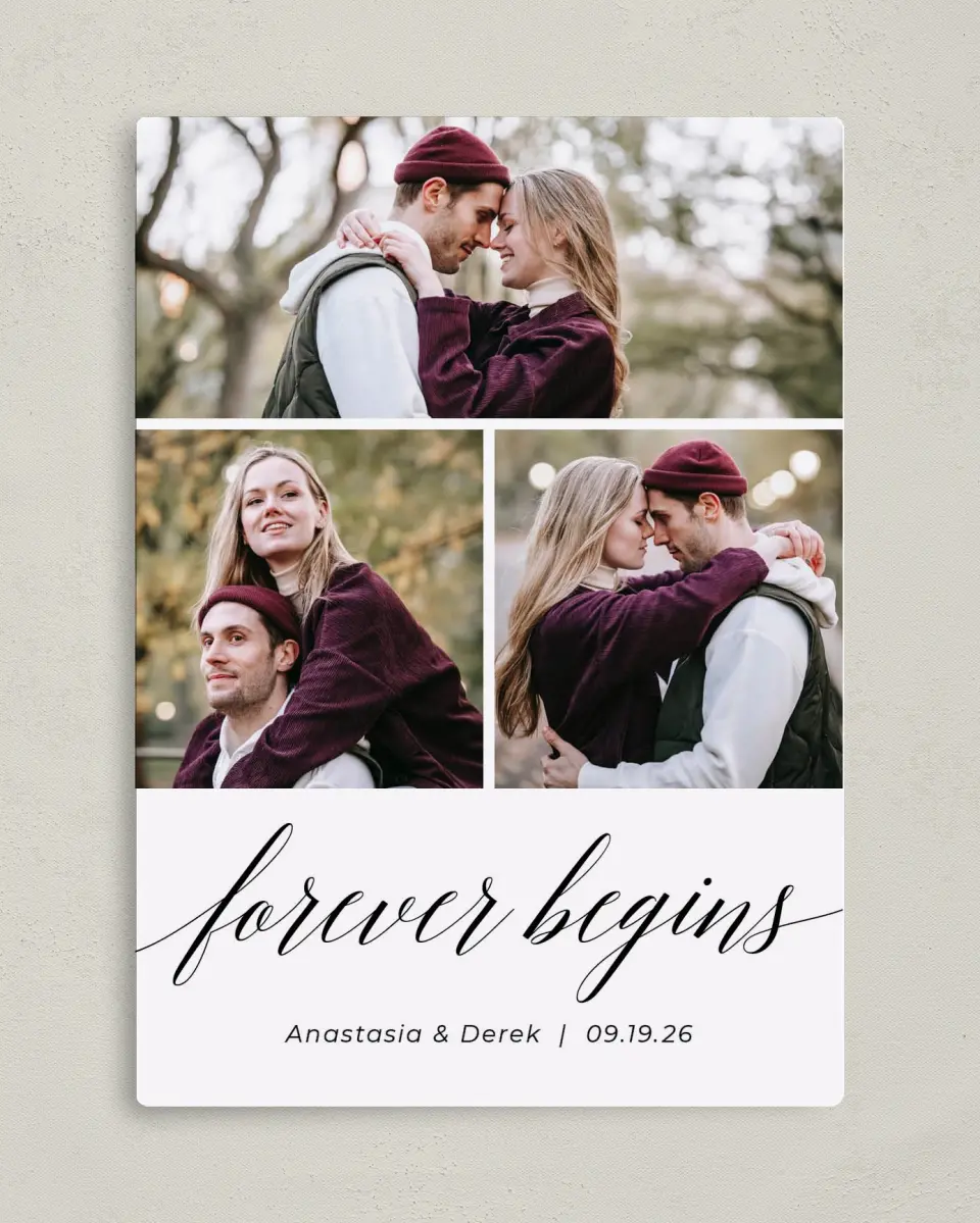 This is a 5" x 7" Save the Date Magnet called Forever printed in full color with a Luxe Satin finish