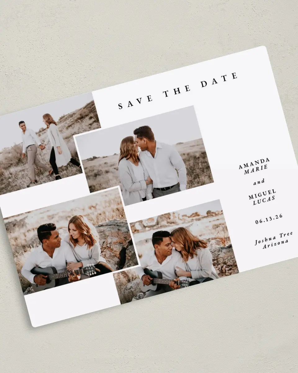 This is a 5" x 7" Save the Date Magnet called Calm Collage printed in full color with Silver foil and a Luxe Satin finish