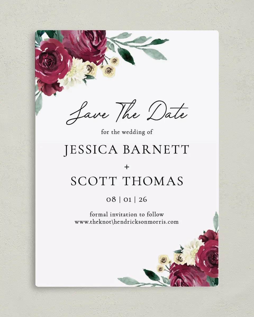 This is a 5" x 7" Save the Date Magnet called Floral Touch printed in full color with a Luxe Satin finish