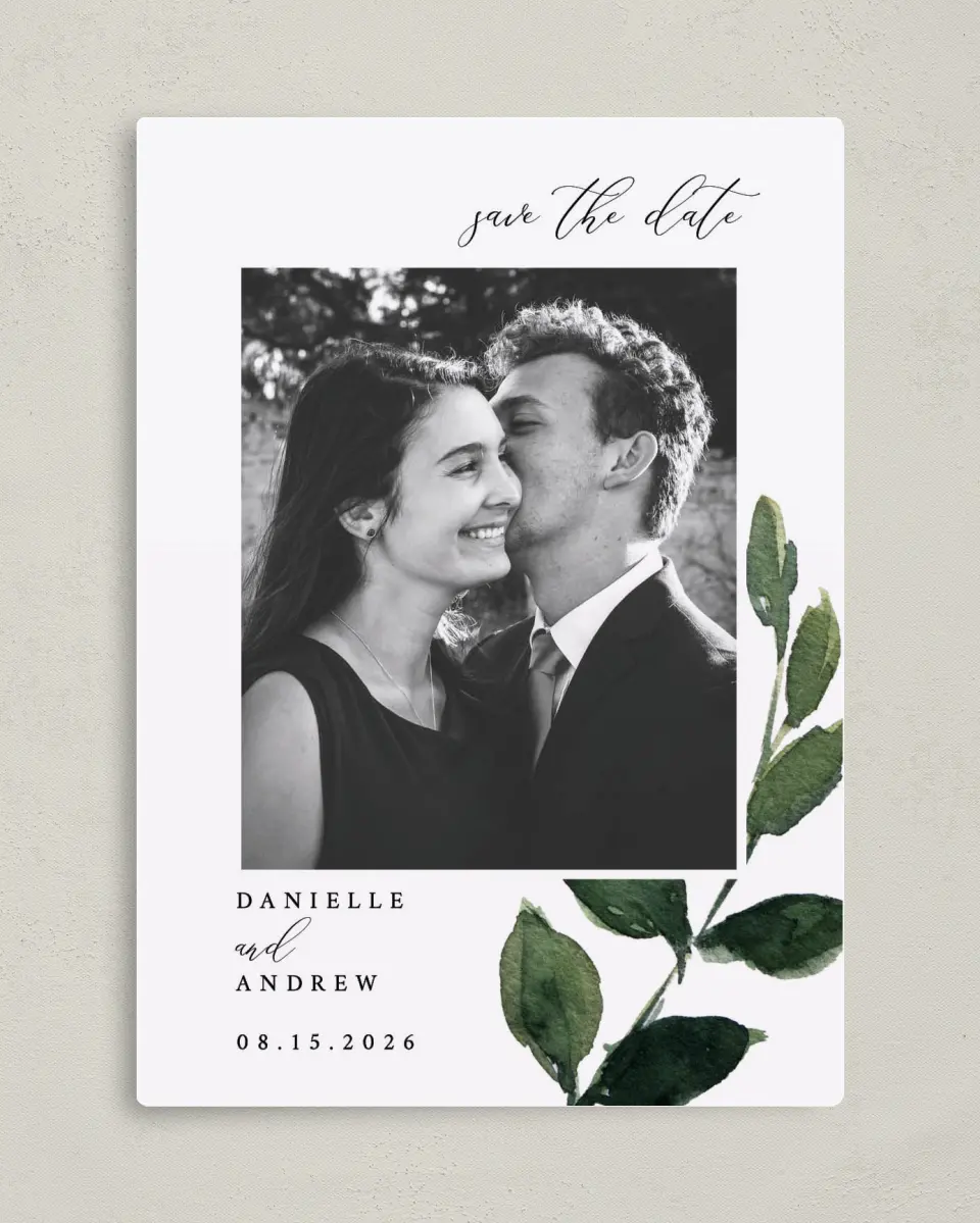 This is a 5" x 7" Save the Date Magnet called All for Love printed in full color with a Luxe Satin finish