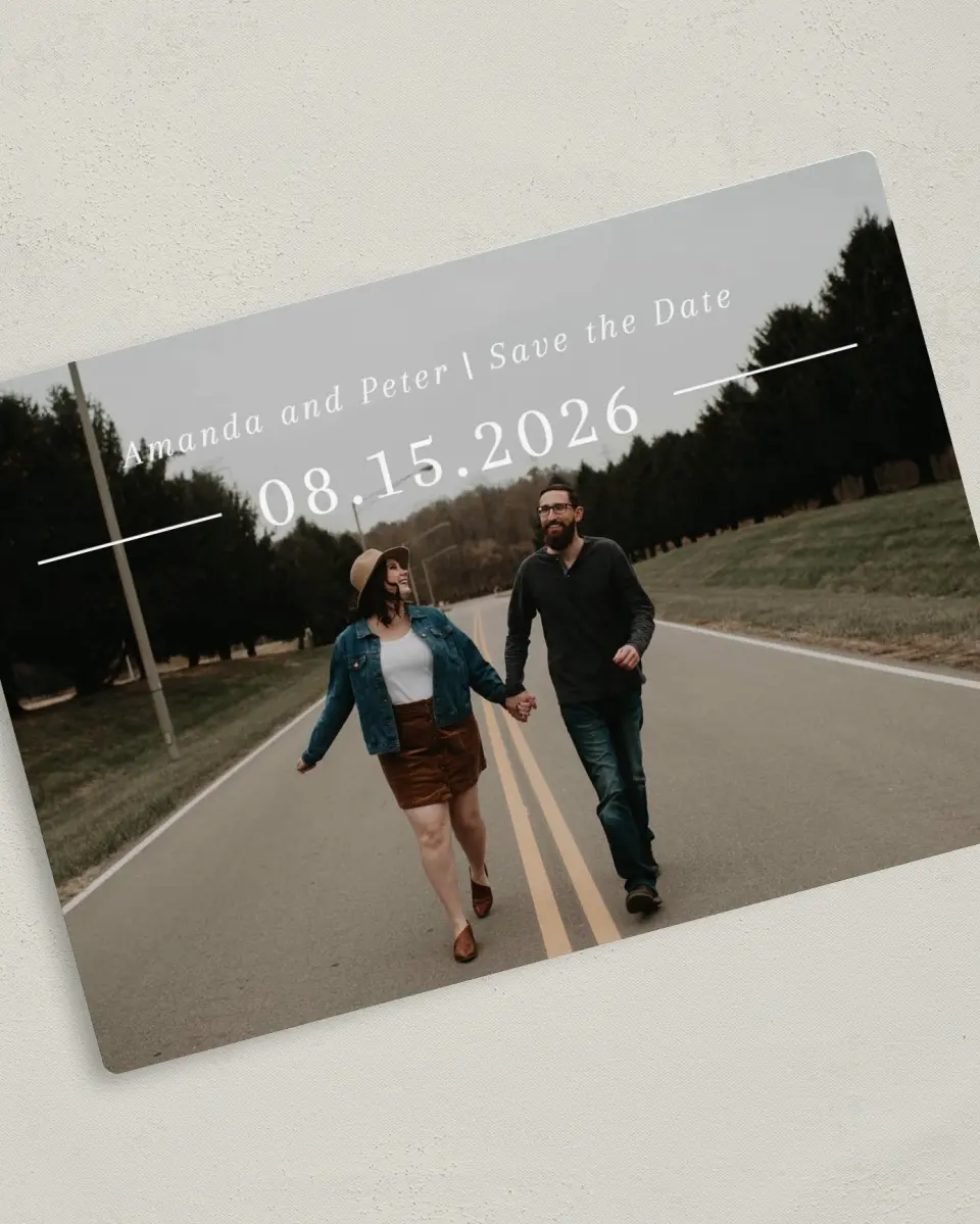 This is a 5" x 7" Save the Date Magnet called Ethereal Evergreens printed in full color with a Luxe Satin finish