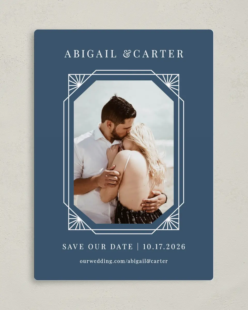 This is a 5" x 7" Save the Date Magnet called Mod Deco printed in full color with a Luxe Satin finish