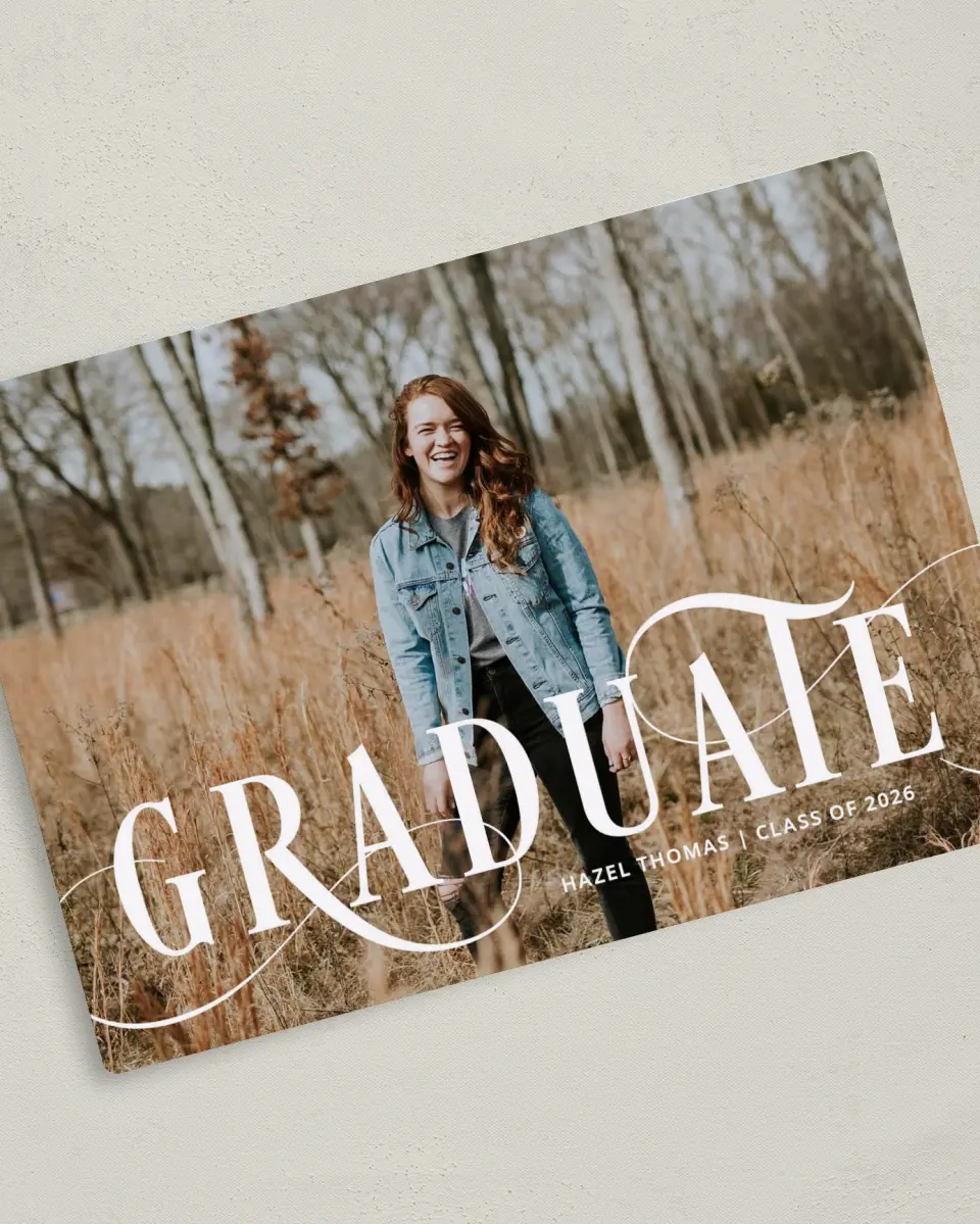 This is a 5" x 7" Graduation Announcement Magnet called Candid Grad printed in full color with a Luxe Satin finish