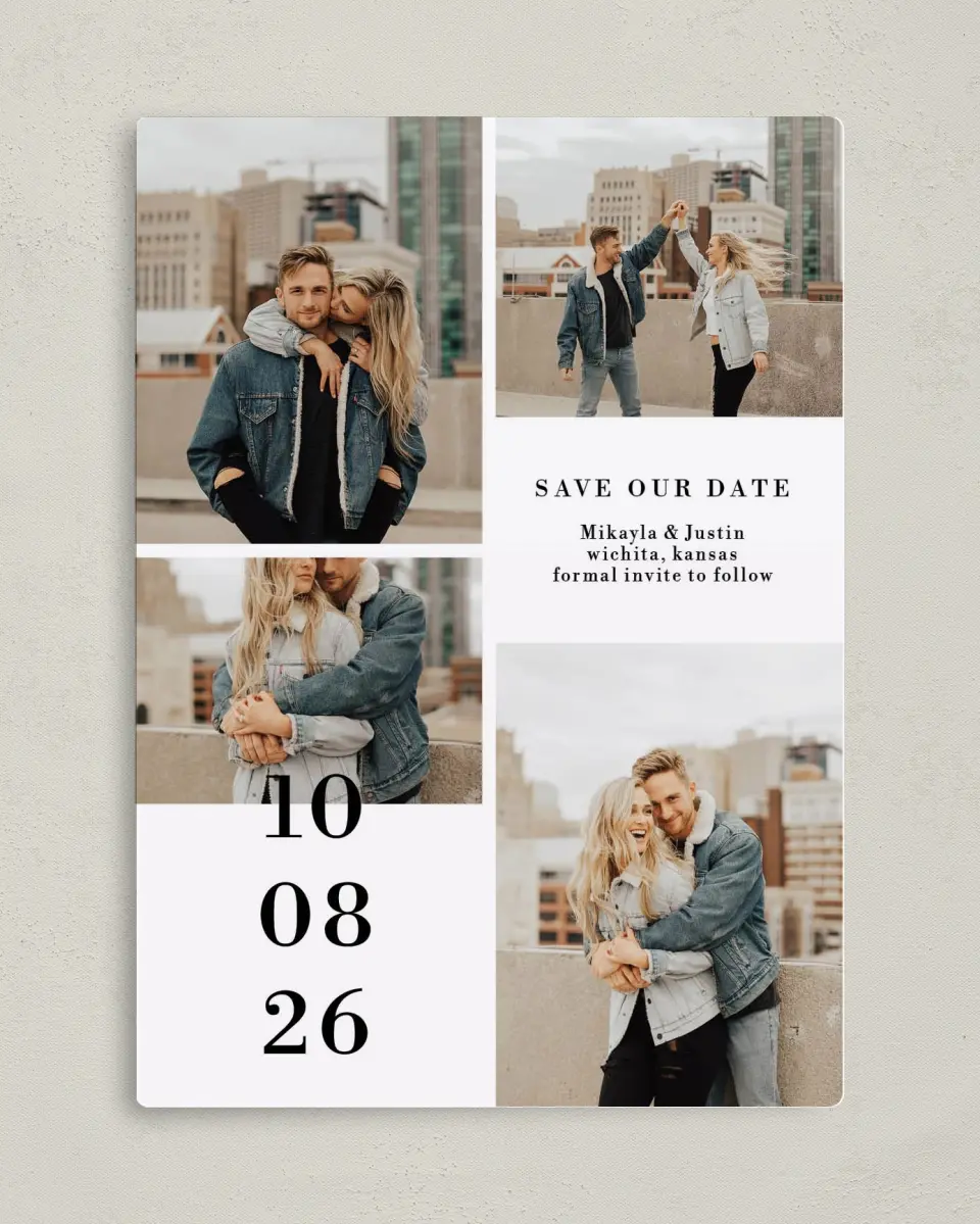This is a 5" x 7" Save the Date Magnet called Stacked Devotion printed in full color with a Luxe Satin finish