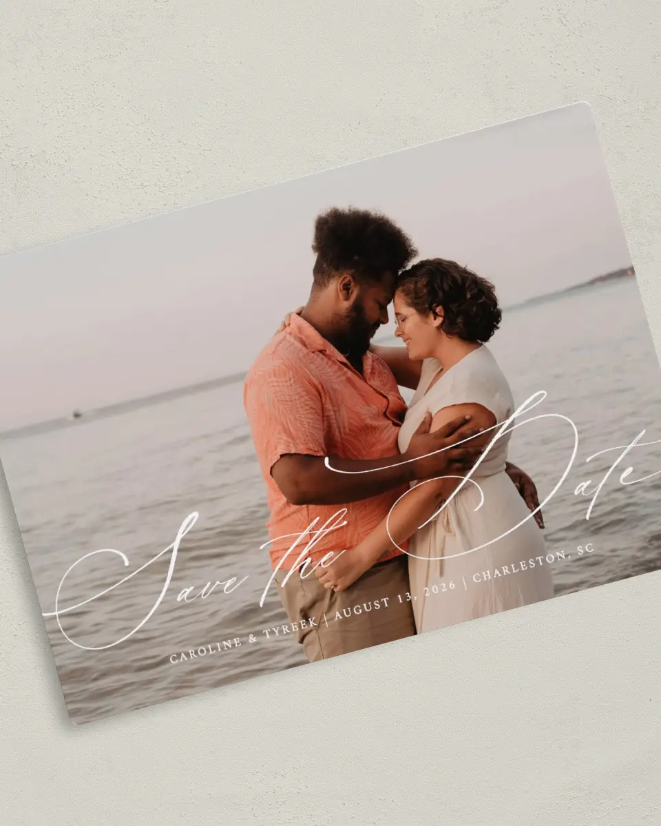 This is a 5" x 7" Save the Date Magnet called Scripted Romance printed in full color with a Luxe Satin finish
