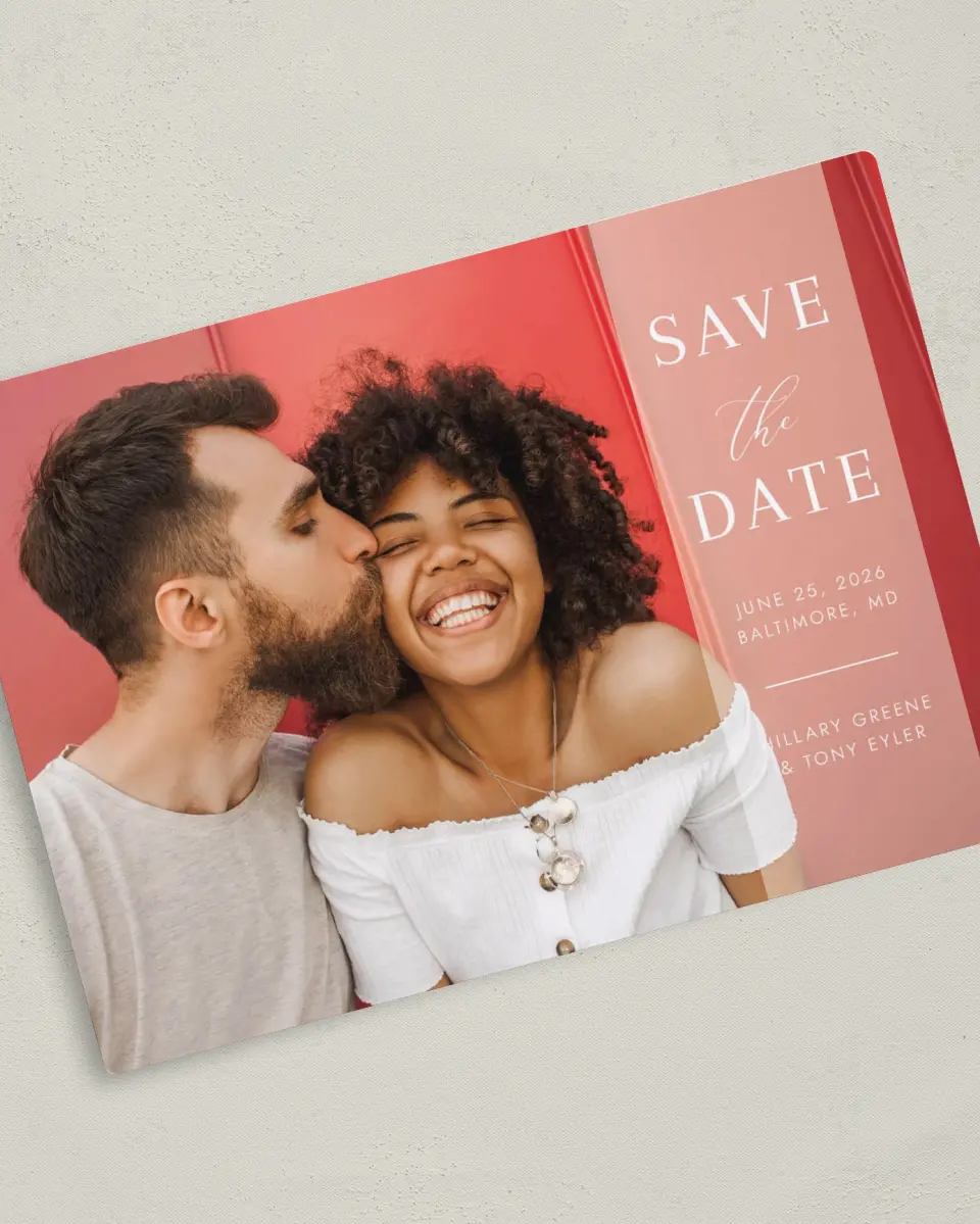 This is a 5" x 7" Save the Date Magnet called Side Note printed in full color with a Luxe Satin finish