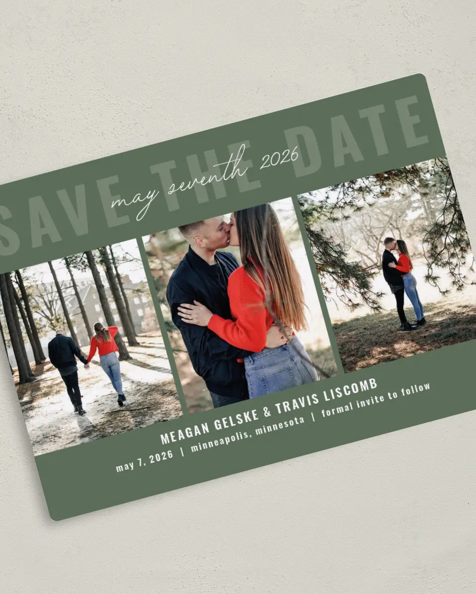 This is a 5" x 7" Save the Date Magnet called Bold Trio printed in full color with a Luxe Satin finish