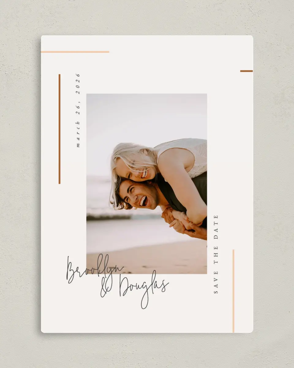This is a 5" x 7" Save the Date Magnet called Playful Script printed in full color with a Luxe Satin finish