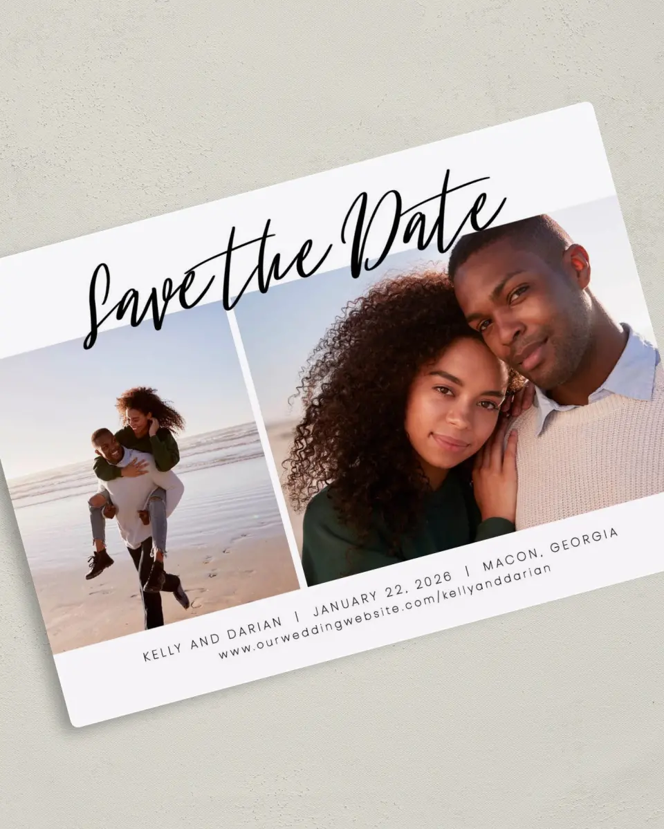 This is a 5" x 7" Save the Date Magnet called Dreamy Duo printed in full color with a Luxe Satin finish