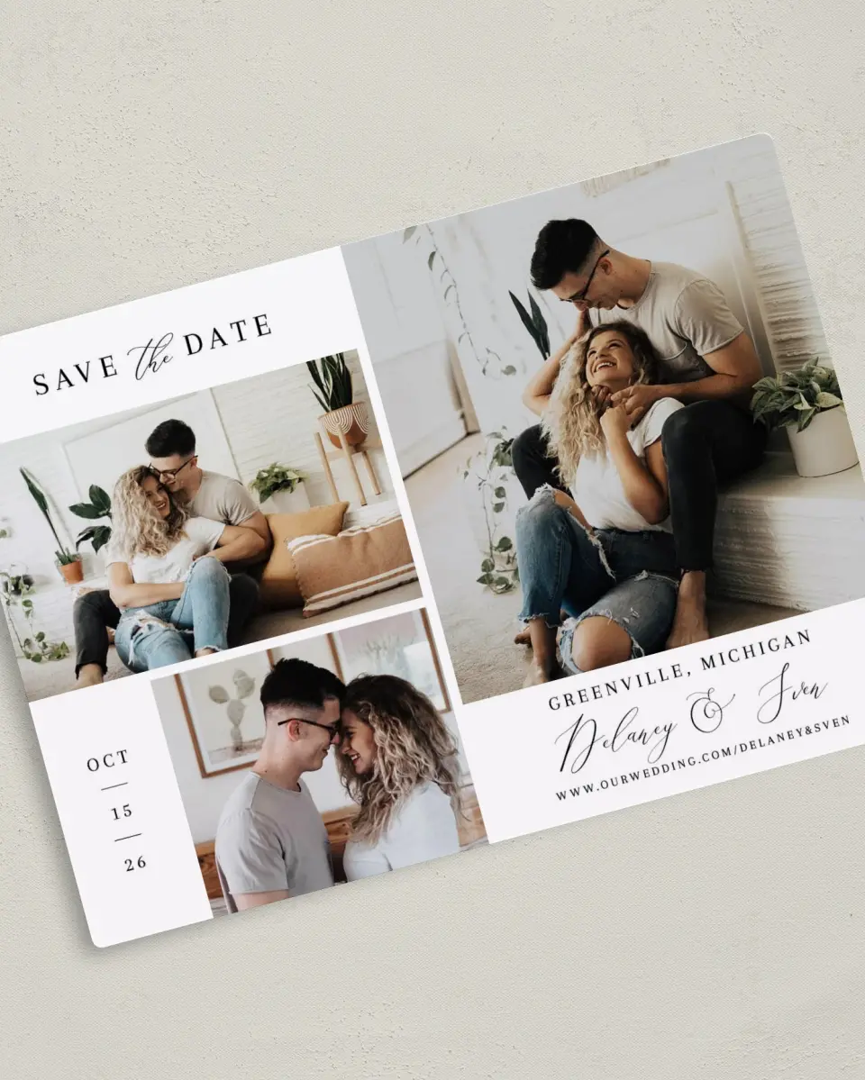 This is a 5" x 7" Save the Date Magnet called Chic Celebration printed in full color with Rose Gold foil and a Luxe Satin finish