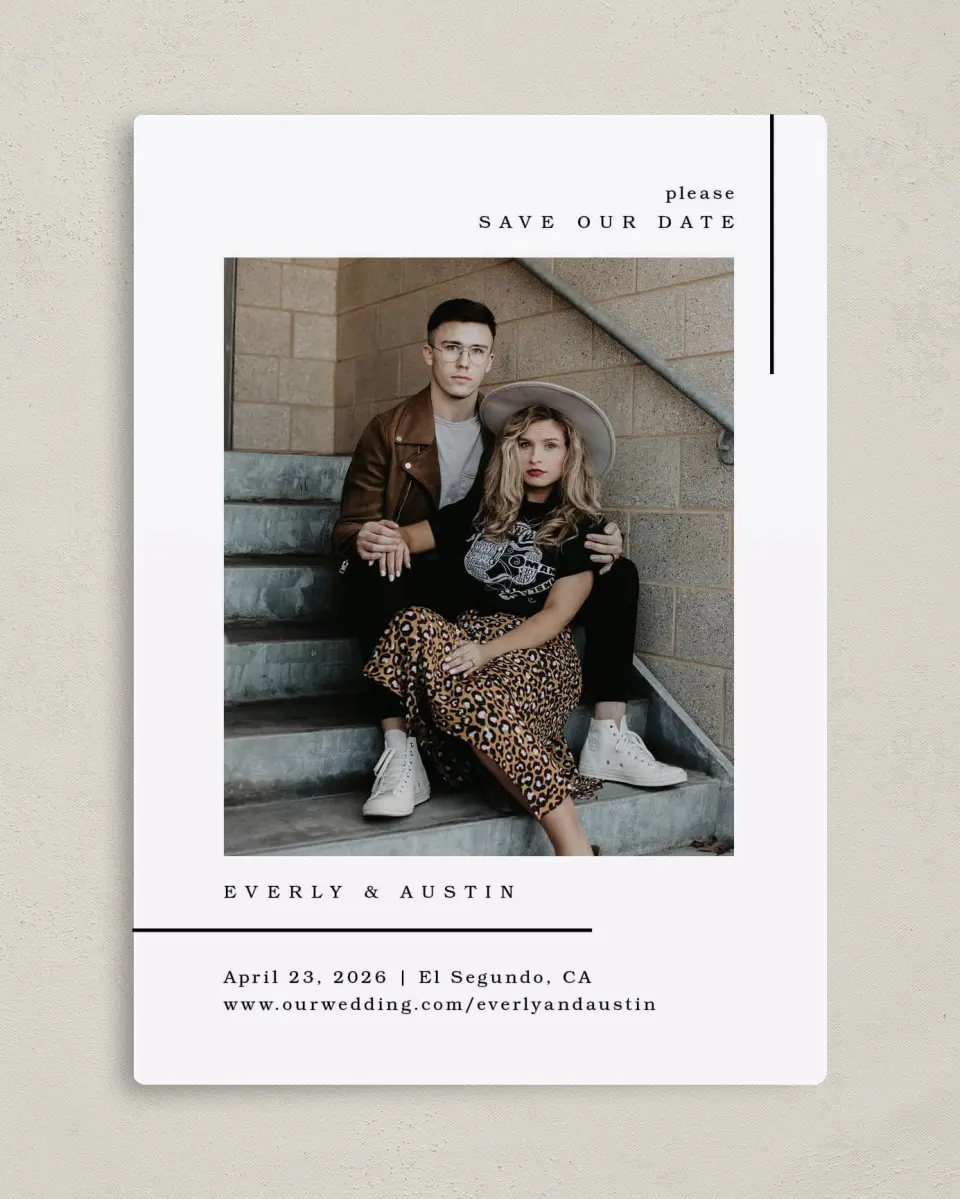 This is a 5" x 7" Save the Date Magnet called Mod Lines printed in full color with a Luxe Satin finish