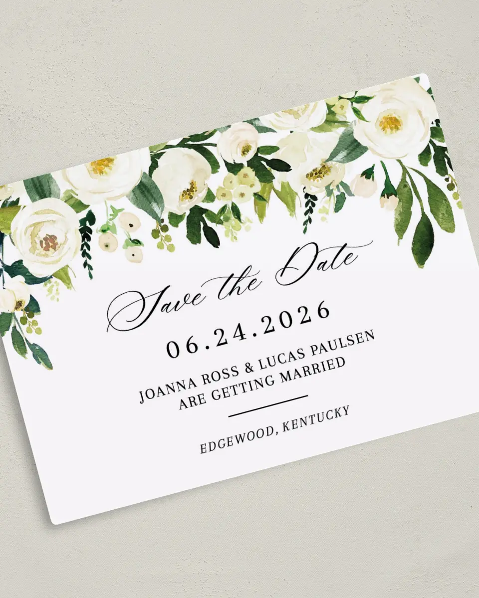 This is a 5" x 7" Save the Date Magnet called Elegant Garden printed in full color with a Luxe Satin finish
